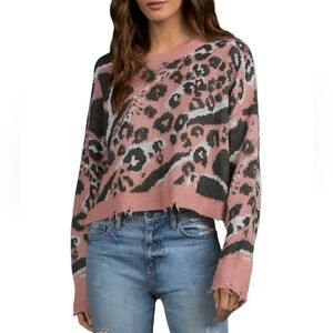 Elan Animal Leopard Print Distressed Crewneck Sweater Pink Gray Relaxed Large